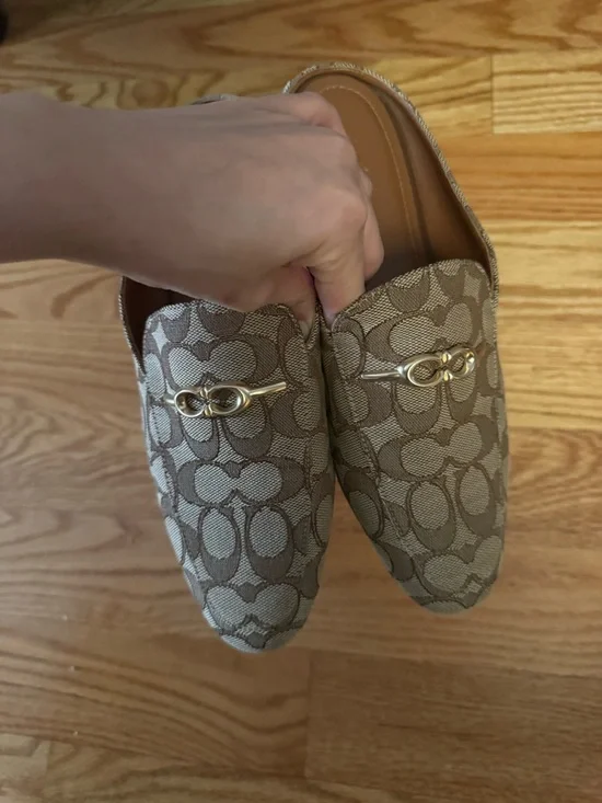 Coach Beige/Tan Signature Jacquard Slip-On Mules with Gold Hardware - Picture 3 of 5